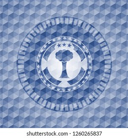 tree icon inside blue badge with geometric pattern.
