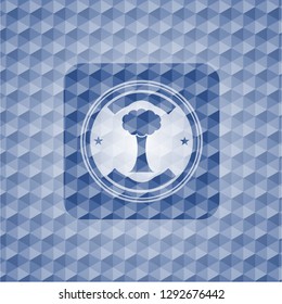 tree icon inside blue emblem with geometric background.