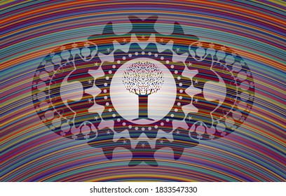 tree icon inside colorful realistic badge. Showy luxurious background. Intense illustration. 
