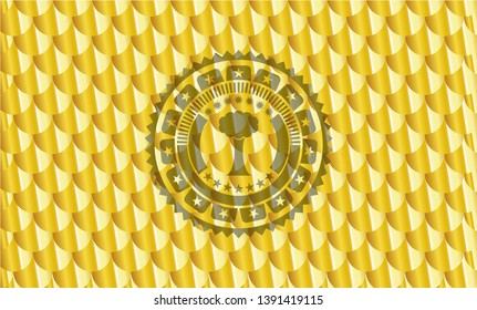 tree icon inside gold emblem or badge. Scales pattern. Vector Illustration. Detailed.