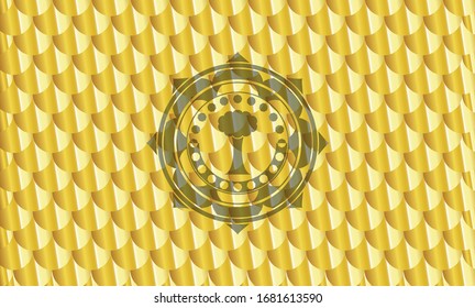 icono de árbol dentro del emblema dorado. Patrón de escalas. Ilustración vectorial. Detallado.