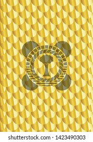 tree icon inside gold shiny emblem. Scales pattern. Vector Illustration. Detailed.