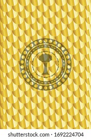 tree icon inside golden badge or emblem. Scales pattern. Vector Illustration. Detailed.