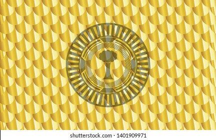 tree icon inside golden emblem or badge. Scales pattern. Vector Illustration. Detailed.