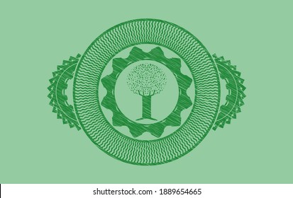 tree icon inside Green stroke badge. Eco luxurious background. Intense illustration. 