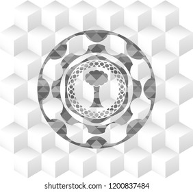 tree icon inside grey badge with geometric cube white background