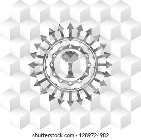 tree icon inside grey badge with geometric cube white background