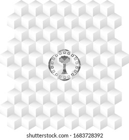 tree icon inside grey badge with geometric cube white background