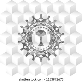 tree icon inside grey emblem. Vintage with geometric cube white background