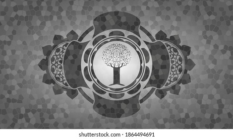 tree icon inside grey stone wall realistic emblem. Rock delicate background. Illustration. 