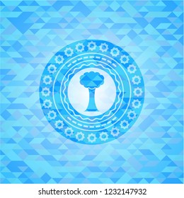 tree icon inside light blue emblem. Mosaic background