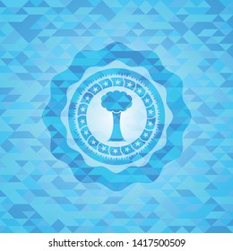 tree icon inside light blue emblem. Mosaic background
