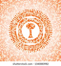 tree icon inside orange mosaic emblem with background