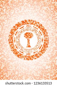 tree icon inside orange tile background illustration. Square geometric mosaic seamless pattern with emblem inside.