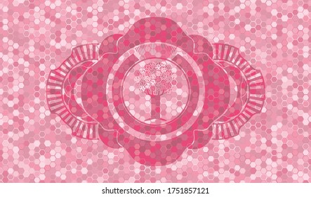 tree icon inside pink color tile mosaic style realistic badge. Geometric hexagon luxurious background. Illustration. 