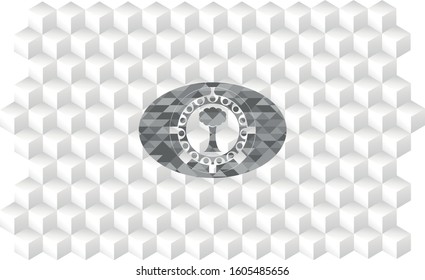 tree icon inside realistic grey emblem with geometric cube white background