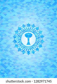tree icon inside realistic light blue emblem. Mosaic background