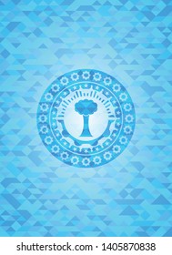 tree icon inside realistic sky blue mosaic emblem