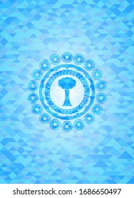 tree icon inside realistic sky blue mosaic emblem