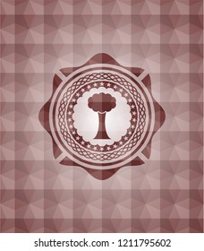 tree icon inside red emblem with geometric pattern. Seamless.
