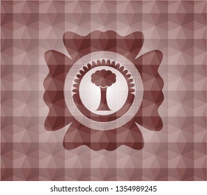 tree icon inside red emblem or badge with abstract geometric pattern background. Seamless.