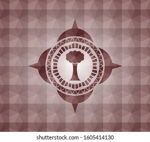 tree icon inside red emblem or badge with geometric pattern background. Seamless.
