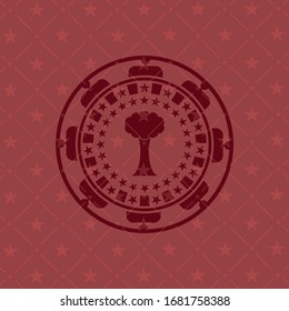 icono de árbol dentro del emblema rojo. Vintage.