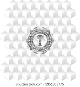tree icon inside retro style grey emblem with geometric cube white background