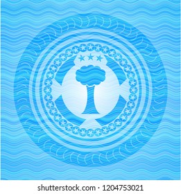 tree icon inside sky blue water wave emblem background.