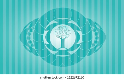 tree icon inside Turquoise color badge. Bars luxurious background. Intense illustration. 
