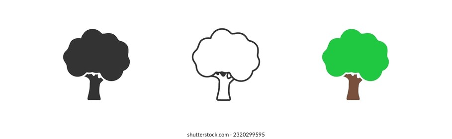 Tree icon isolated. Forest symbol. Green garden, park, nature, wood, spring, ecology, reforestation, clean air. Outline, flat and colored style. Flat design. Vector illustration.