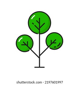 Tree icon in line, green forest oak or pine silhouette, vector flat symbol. Thin line tree conifer fire or olive and oak plant or bush with green leaves, park and garden landscape icon