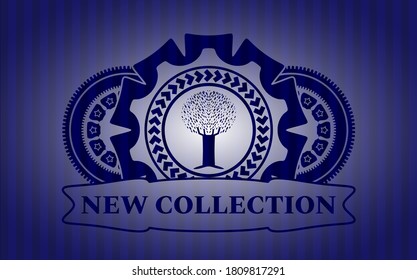 tree icon and New collection text Blue realistic badge. Bars handsome background. Intense illustration. 