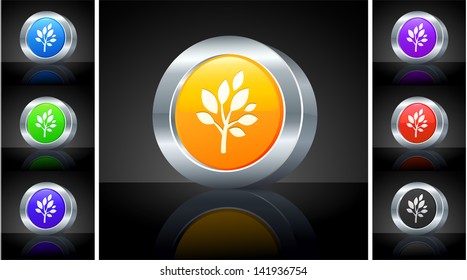 Tree Icon on 3D Button with Metallic Rim Original Illustration 