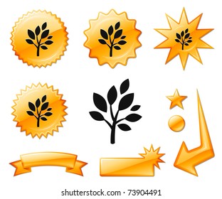 Tree Icon on Orange Burst Banners and Medals Original Vector Illustration