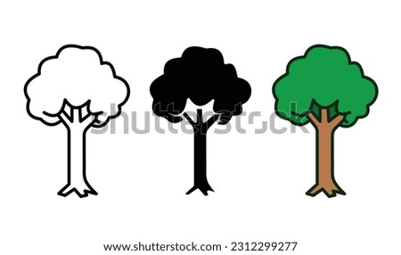 Tree icon from outline only, black and white silhouette, and colored simple symbol isolated on horizontal white background. Simple flat outlined cartoon icon drawing.