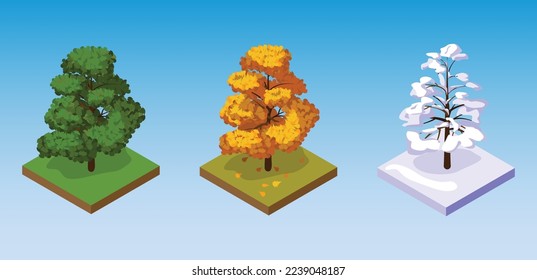 Icono de árbol. Icono de parque público, bosque y vectores de jardín. Elemento de mapa de la naturaleza para la ilustración del parque. Verano de roble, otoño, conjunto isométrico de invierno