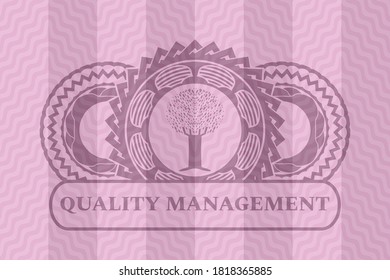 icono de árbol y botón de gestión de calidad de texto con insignia ondulada rosa. Curva el elegante fondo. Ilustración intensa. 