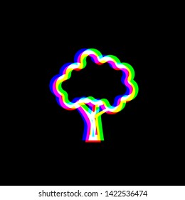 Icono de árbol. Icono de contorno rojo, verde y azul sin focalizar en fondo negro. Ilustración.