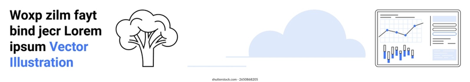 Tree icon, sample text, cloud shape, and data analysis chart in vector format. Ideal for environmental data, business analytics, infographics, digital design, statistical representation, educational