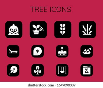 tree icon set. 12 filled tree icons. Included Plant, Beach, Fertilization, Tree, Winter, Green energy, Growing plant, North pole, Swing, Seaweed, Fertilizer icons