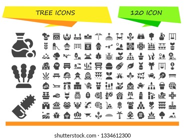 tree icon set. 120 filled tree icons.  Collection Of - Olive, Chainsaw, Seaweed, Bonsai, Fireplace, Save energy, Lake, Sow, Palm tree, Island, Hammock, Green energy, Trunk,