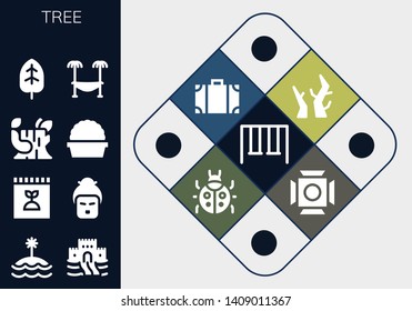 tree icon set. 13 filled tree icons.  Simple modern icons about  - Swings, Island, Sand castle, Fertilizer, Geisha, Log, Plant, Leaf, Hammock, Branches, Travel bag, Ladybug, Scenic Illumination