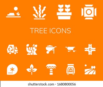 conjunto de iconos de árbol. 14 iconos de árbol rellenos.  Iconos modernos sencillos, como: Desierto, Algas marinas, Plantas, Iluminación escénica, Invierno, Eco, Hoja, Log, Palmera, Flecha de Ruedas, Tronco, Campo, Cruce