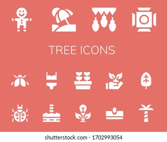 tree icon set. 14 filled tree icons. Included Gingerbread, Vacation, Garlands, Scenic Illumination, Ladybug, North pole, Bikini, Green energy, Plants, Sow, Planting, Palm tree icons