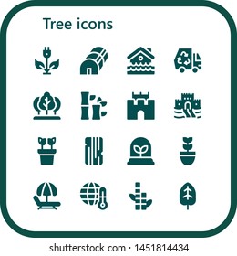 tree icon set. 16 filled tree icons.  Simple modern icons about  - Green energy, Greenhouse, Disaster, Eco, Tree, Bamboo, Sand castle, Plant, Wood, Hammock, Global warming, Leaf