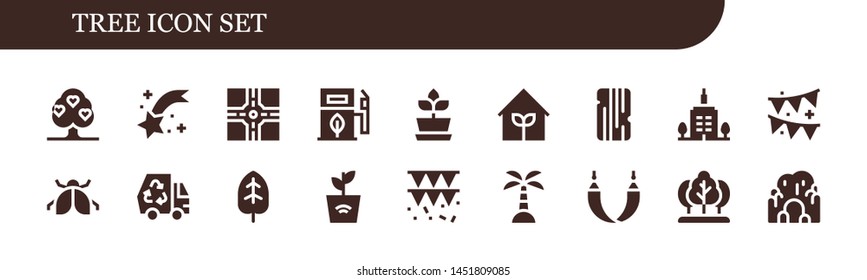 tree icon set. 18 filled tree icons.  Collection Of - Tree, Shooting star, Crossroad, Eco fuel, Plant, Garden, Wood, Skyscrapper, Garland, Ladybug, Eco, Leaf, Island, Hammock