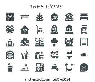 tree icon set. 30 filled tree icons. Included Crossroad, Bench, Fern, Ecologism, Disaster, Frog, Garden, Wheelbarrow, Desert, Plant, Trunk, Skyscrapper, Sand castle, Spruce icons