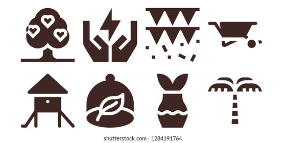  tree icon set. 8 filled tree icons. Simple modern icons about  - Playground, Tree, Ecologism, Save energy, Plant, Garland, Palm tree, Wheelbarrow