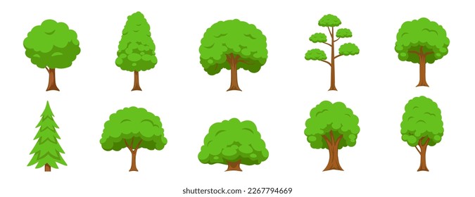 Tree icon set. Cartoon style. Forest trees.